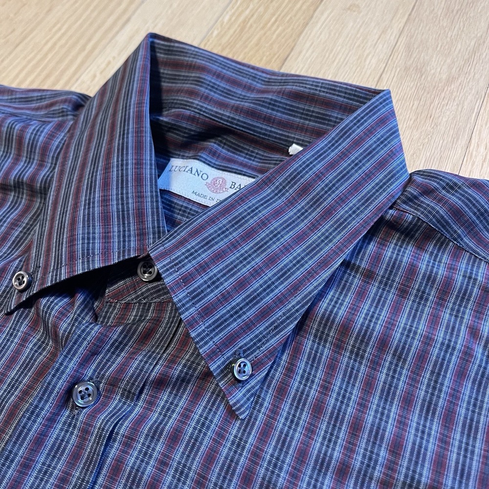 Luciano Barbera Button Down Dress Shirt Multi Color Stripes 44 17 1/2 EUC